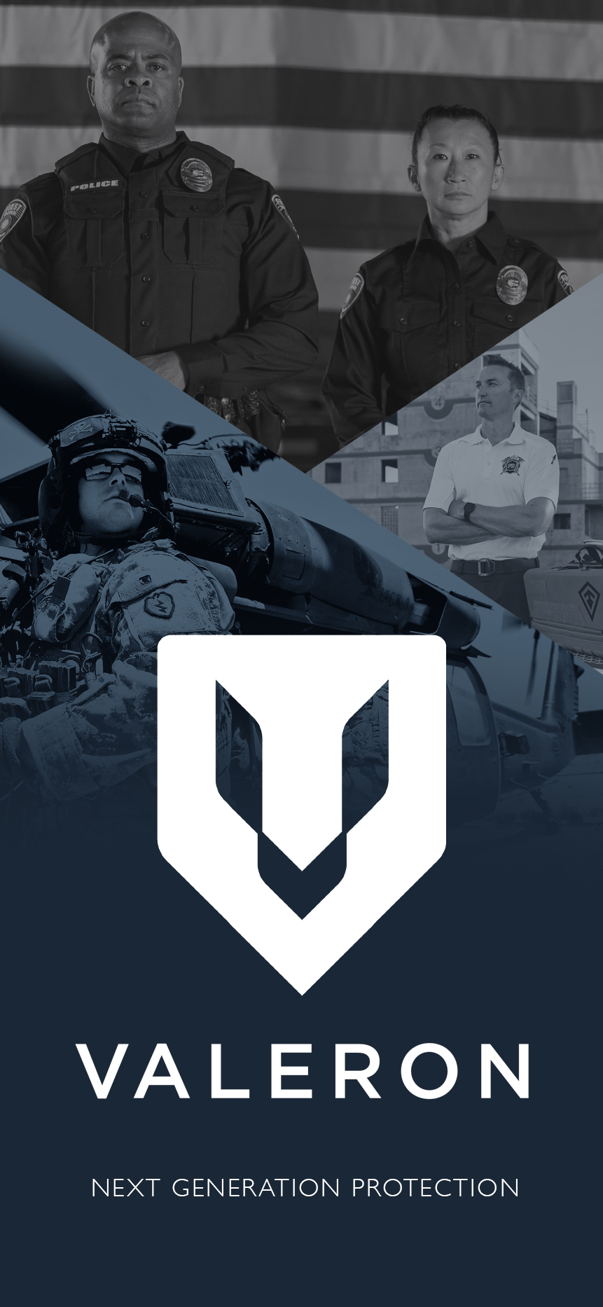mobile  hero image of logo, soldier, police officers and fireman, next generation protection