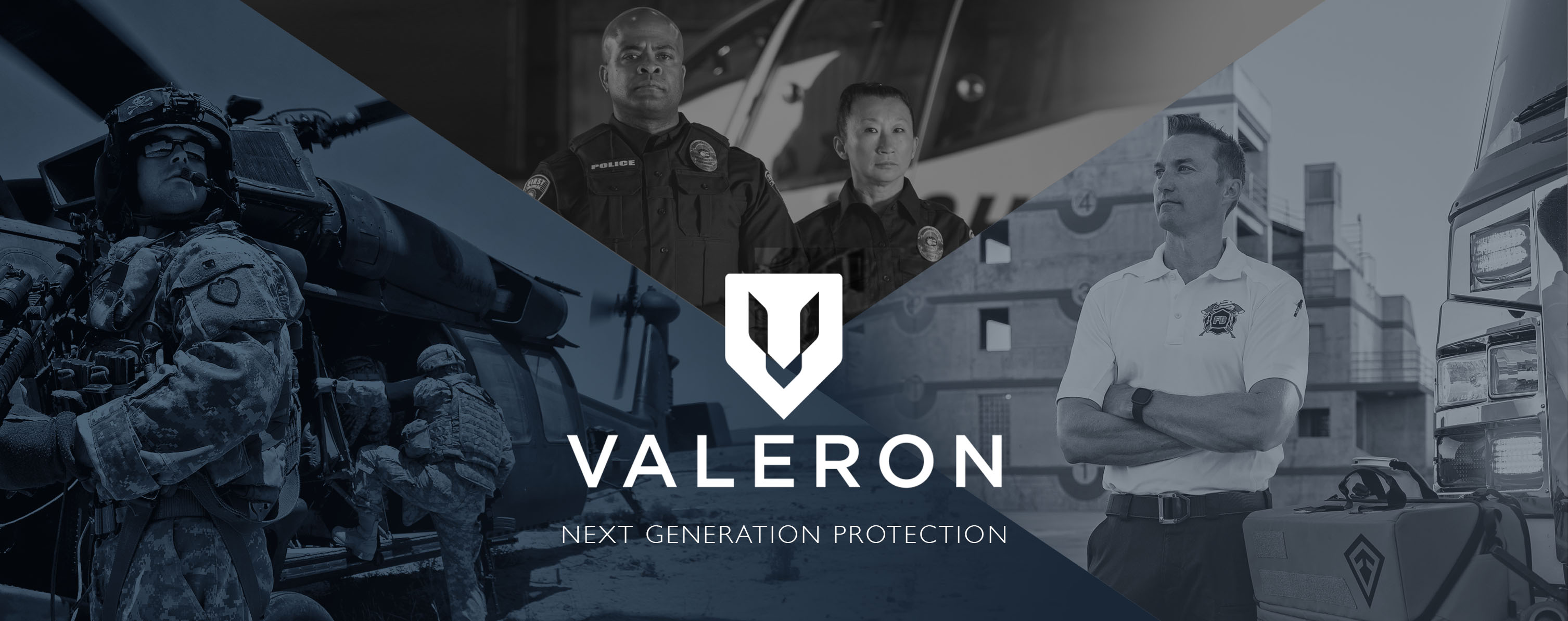 the valeron group hero image of logo, soldier, police officers and fireman, next generation protection